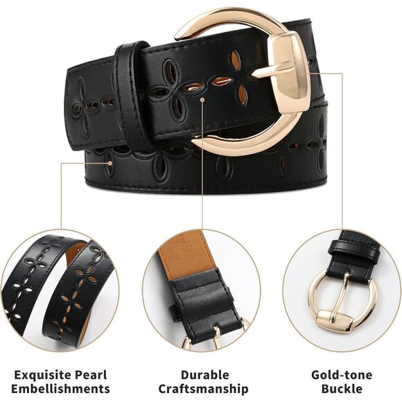 Women's Leather Waist Wide Belts Fashion Thick Hollow Black With Gold Buckle - Picture 4 of 6